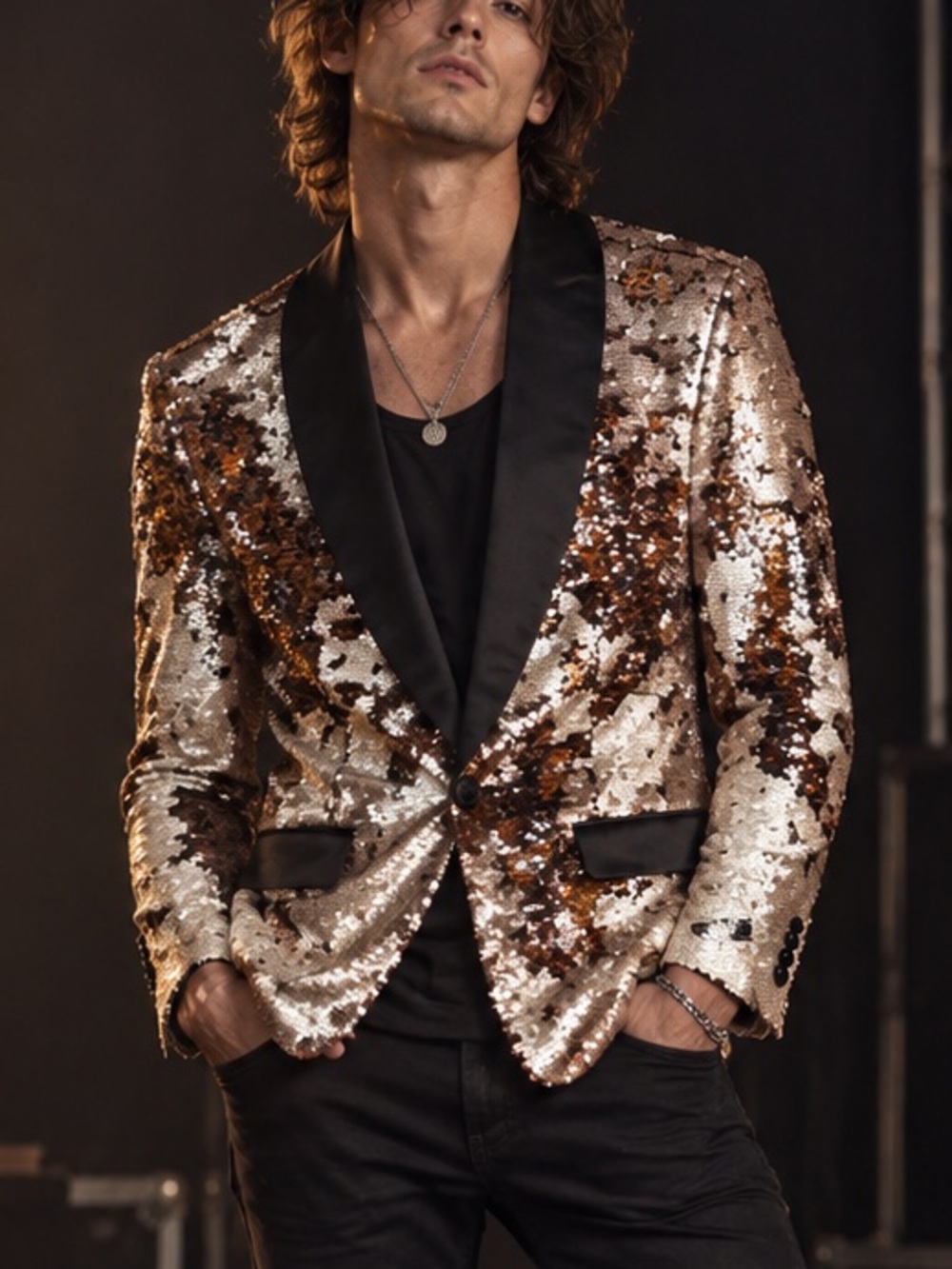 Manzini Mens “Reversible Sequin” Blazer Rose Gold/Champagne Black Shawl Collar